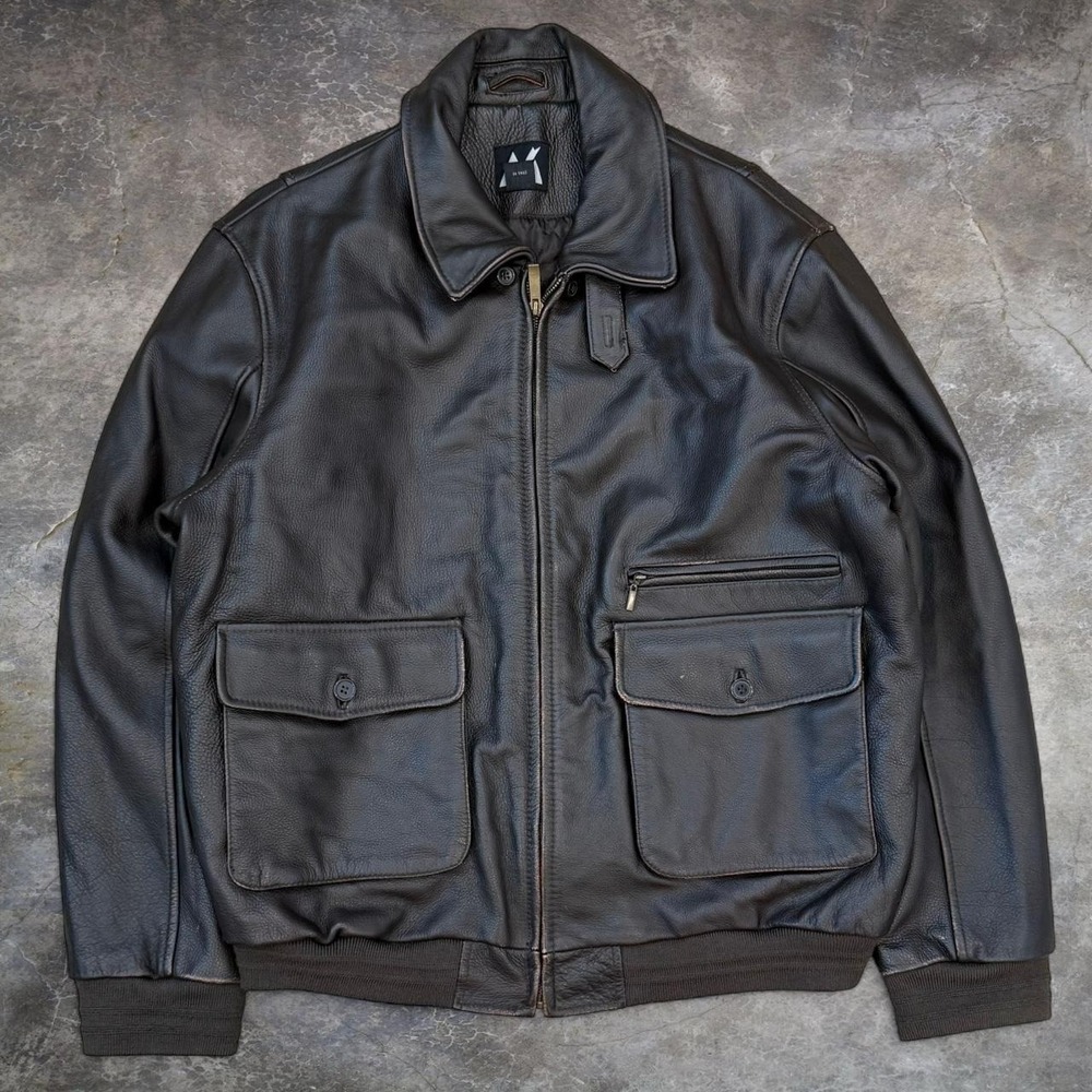 Vintage Full Zip Brown Leather Flight Bomber Jacket Men's Size XL City 90s Y2K
